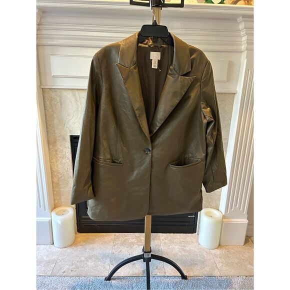 H&M Women’s Olive Green Dress Jacket Faux Leather Coat Blazer Size M - Picture 1 of 7